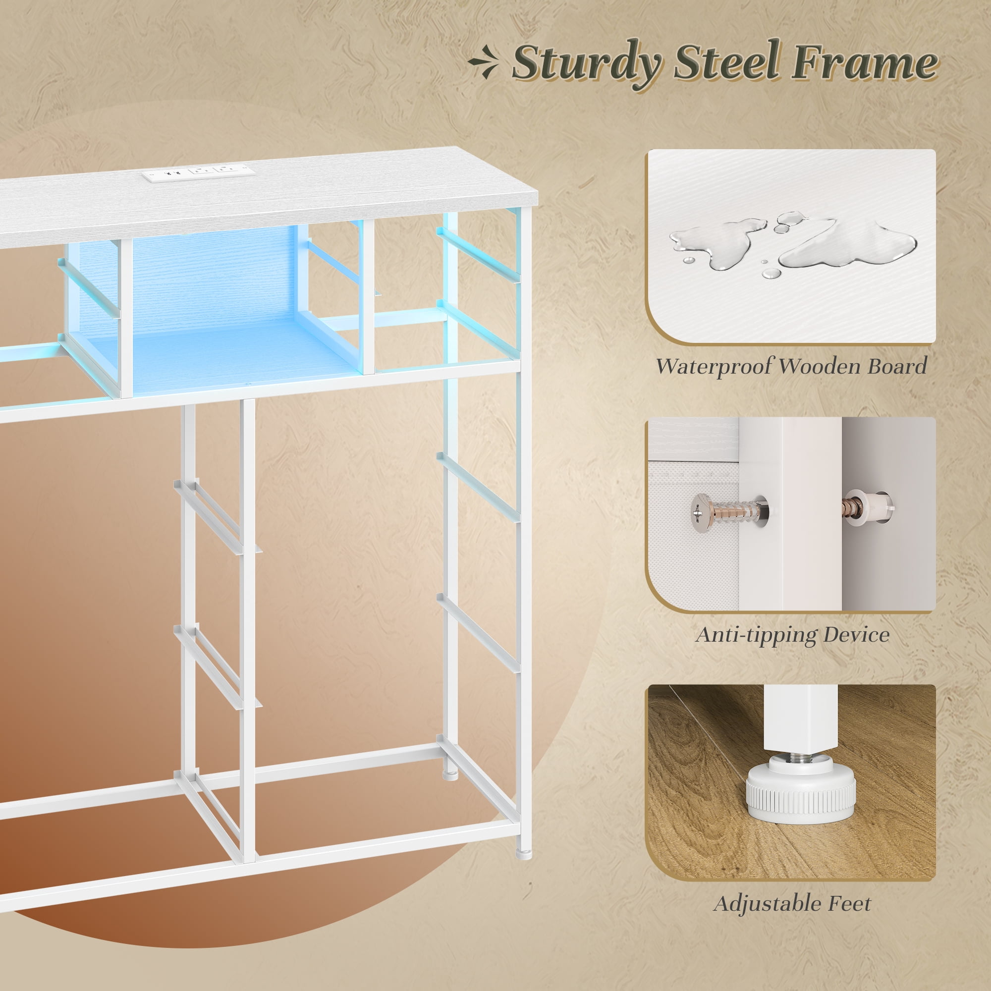 Enhomee White Dresser for Bedroom with LED Lights & Charging Station Tall Chest of 10 Fabric Drawers with Storage Shelves