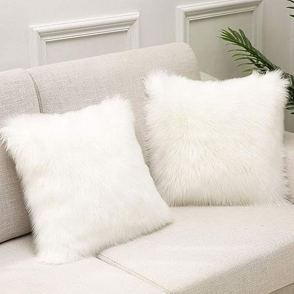 Nvzi Set of 2 Faux Fur Square Throw Pillow Covers Luxury Plush Decorative Pillow Cases Cushion Covers for Sofa Bedroom Car 16"x16" White