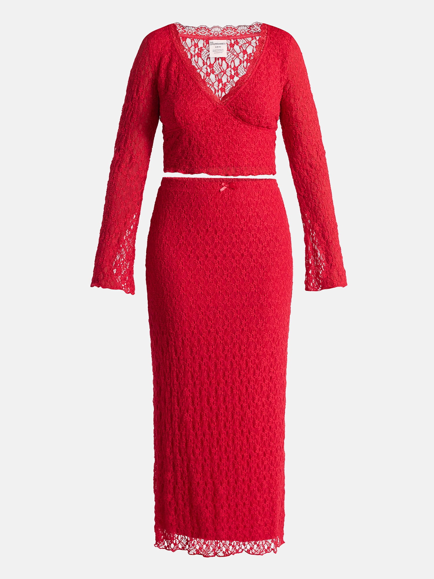 No Boundaries Lace Long Sleeve Crop Top and Midi Skirt Set, 2-Piece, Women’s