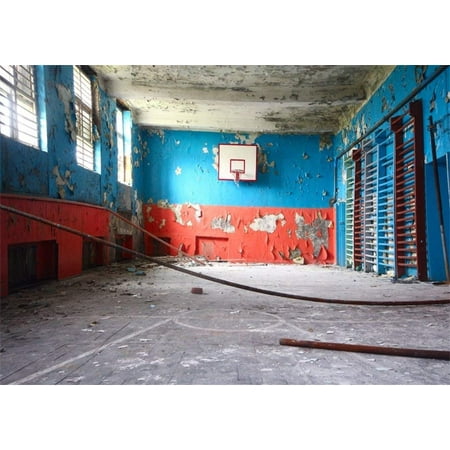 Image of ABPHOTO 7x5ft Old Ruined Basketball Court Backdrop Grunge Peeling Color Painted Wallpaper Vintage Concerte Floor Interior Backdrops