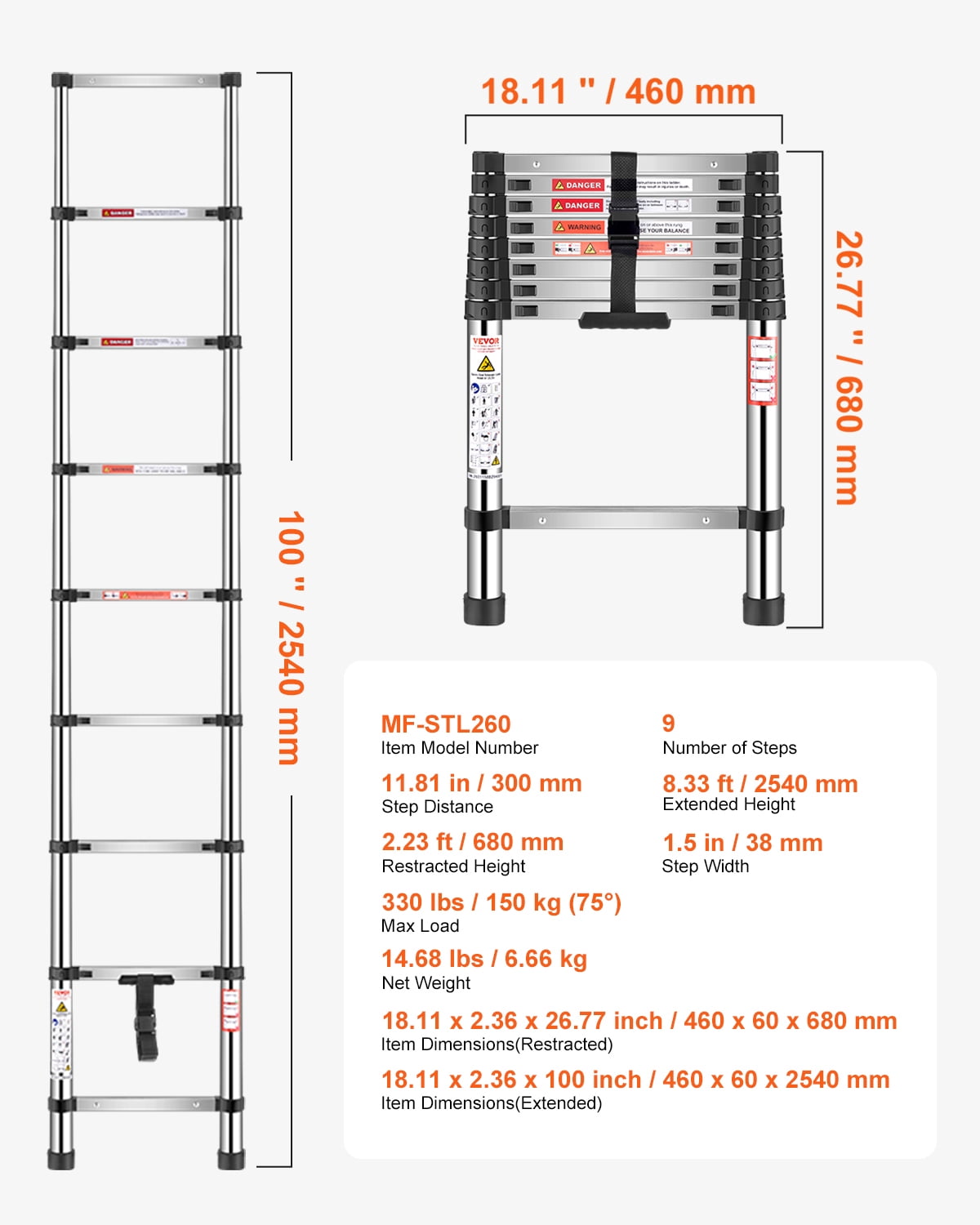 VEVOR Telescoping Ladder, 8.5ft 330LB Stainless Steel Extension Ladder with Non-Slip Feet, 9-Step Collapsible Ladder for Home/RV/Loft