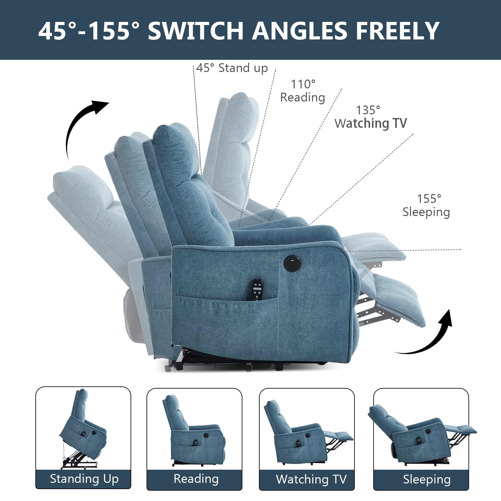 MAYEERTY Blue Chenille Power Lift Recliner Chair, Massage Heat USB Port 25"x36"x39" for Elderly