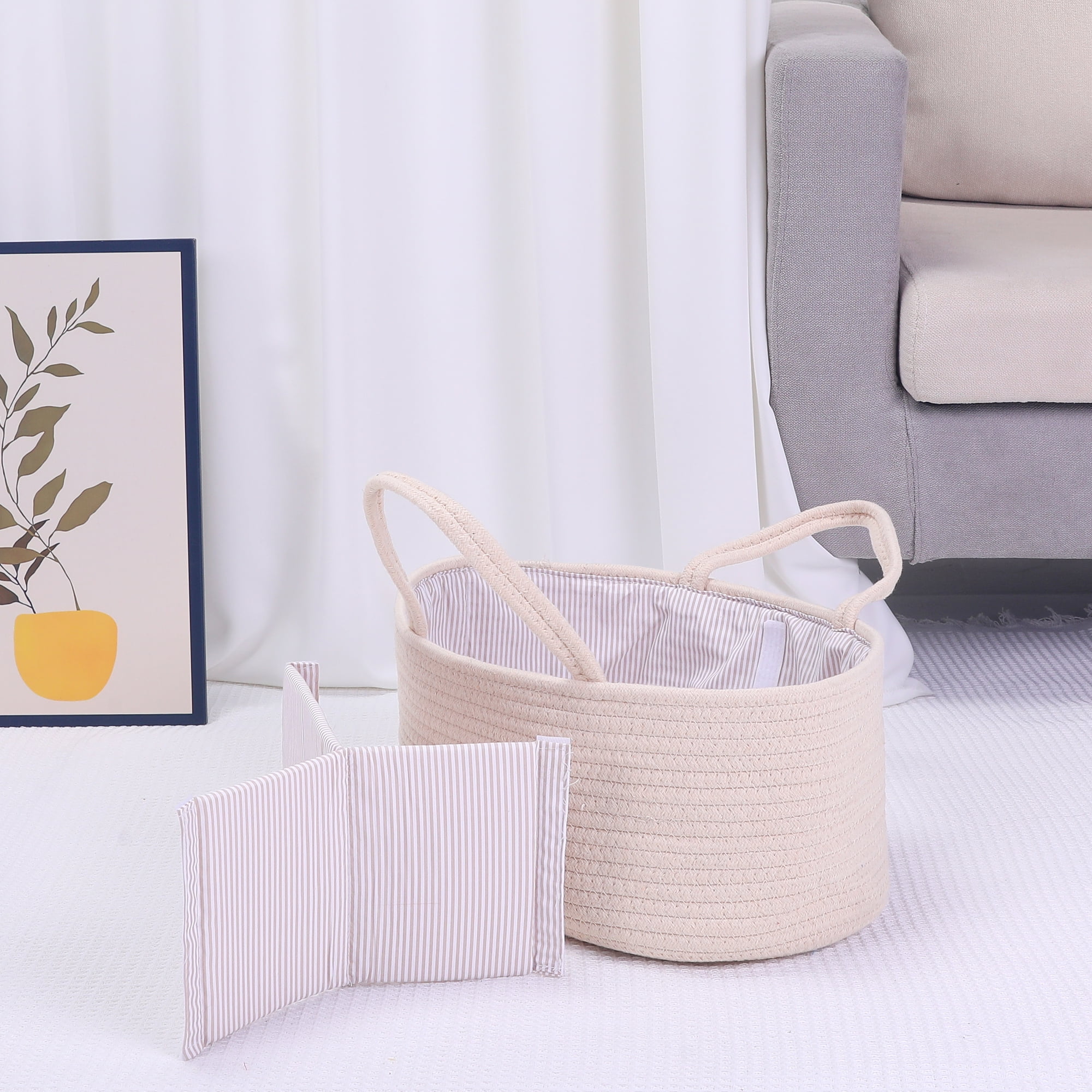 Unique Bargains 1 Pack Woven Storage Basket Bin with Divider and Handle Beige L