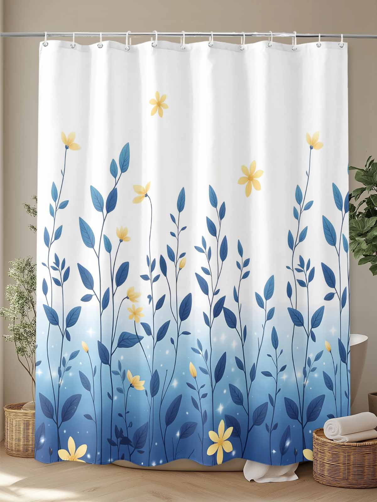 nqOlkjepod Blue Ombre Eucalyptus Shower Curtain, Waterproof Shower Curtains for Bathroom, Elegant Yellow Floral Botanical Washable Fabric Bathtub Curtain Set Bath Decor with 12 Hooks 72"x78"