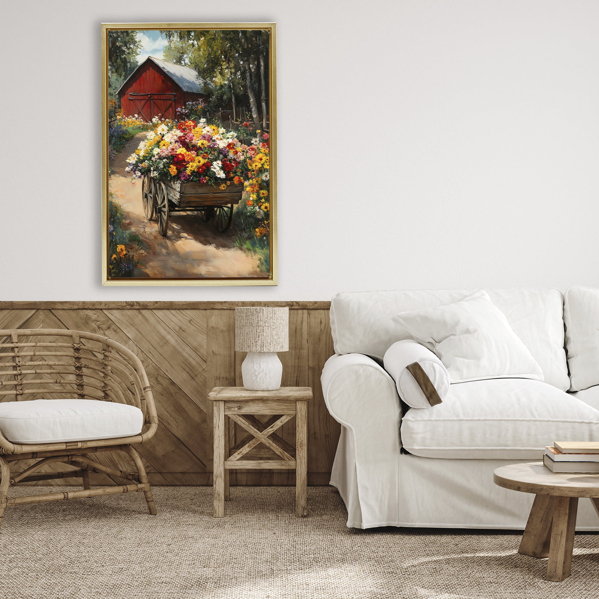 Stupell Industries Floral Wagon in Summer Garden Gold Framed Floater Canvas Wall Art, design by Franklyn Gregory