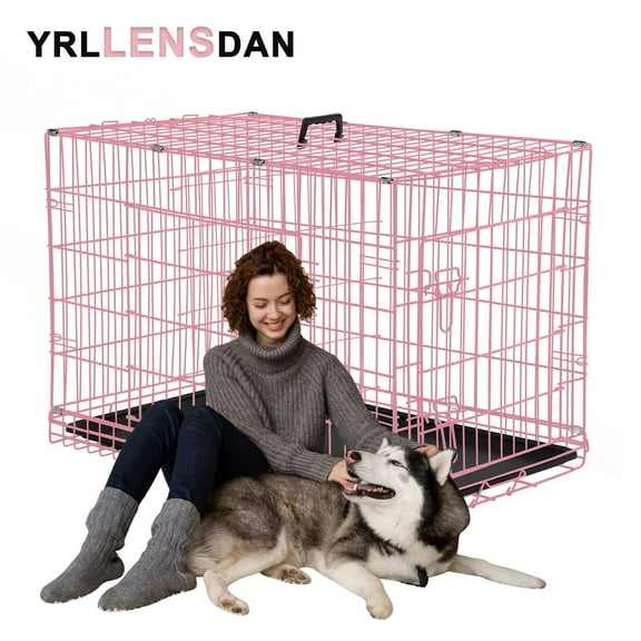 YRLLENSDAN 48 inch XXL Dog Crate Extra Large Dog Crate for Large Dog Foldable Dog Crate with Divider Metal Dog Crate XXL Large Dog Kennel Indoor Large Dog Cage,Pink