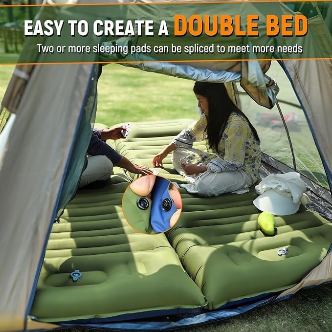 Double Sleeping Pad for Camping- Self Inflating 4" Extra-Thick with Pillow Built-in Foot Pump Inflatable Sleeping Mat for Backpacking, Hiking, Traveling, Tent, Portable Camping Mat