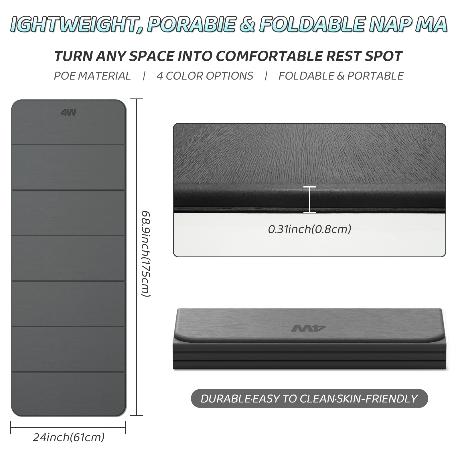 4W Foldable Yoga Mat 8mm Thick, TPE Non-Slip Fitness Mats, 3-in-1 for Yoga/Step Stool/Meditation, Quick Storage No Curling(Gray)