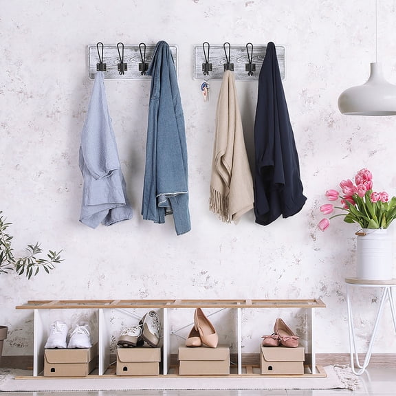 Set of 2 Rustic White Wall Mounted Coat Racks, 15 Inch with 4 Hooks Each - Entryway, Bathroom, or Kitchen Organizer with Hardware