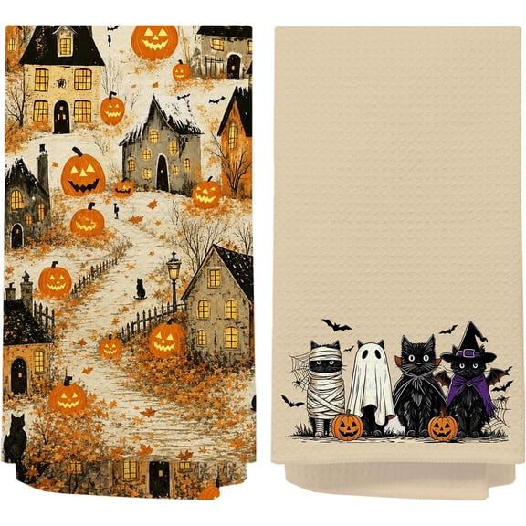 Halloween Pumpkin Ghost Black Cat Kitchen Towels 18x26 Set of 2 | Whimsical Witchy Halloween Cat Spooky Town Decorative Dish Hand Tea Towels for Bathroom Kitchen Decor and Gifts