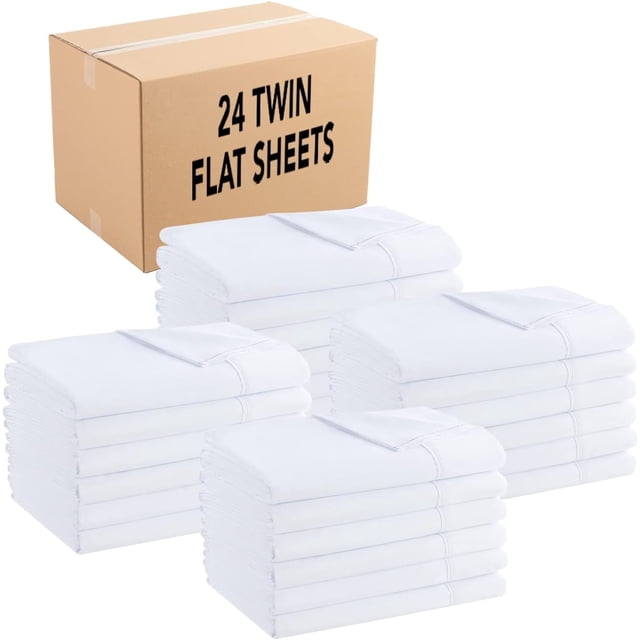 GFDYREE Arkwright Bulk Flat Microfiber Sheets - (Case of 24) Color-Coded Hem Threads Bedding Essentials Supplies for Hosts of Hotel, Motel, or Rental Properties, White, Twin
