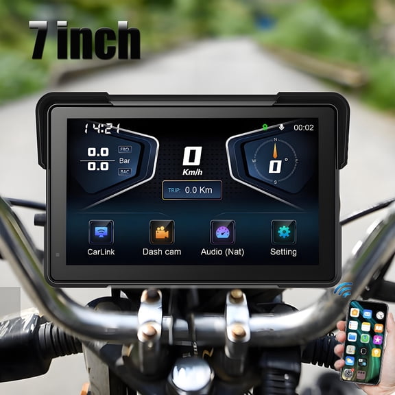 7 Inch Motorcycle GPS Navigation System with Carplay and Android Auto Portable Screen with 1080P Front Rear Camera Music Play WiFi BT