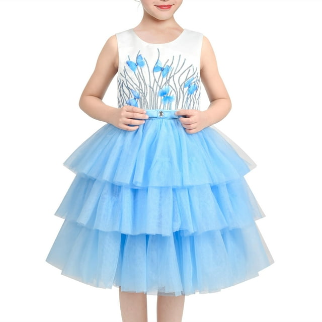 Vestido de Niña Azul con Mariposa y Lentejuelas, Cinturón de Múltiples Capas, Volantes, sin Mangas, Tul, 7 Años