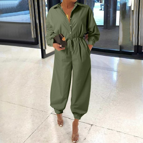 Holiday gifts Rompers Women Lady Bandage Lapel Slim Long Button Rompers  Long Pants Jumpsuits Trousers