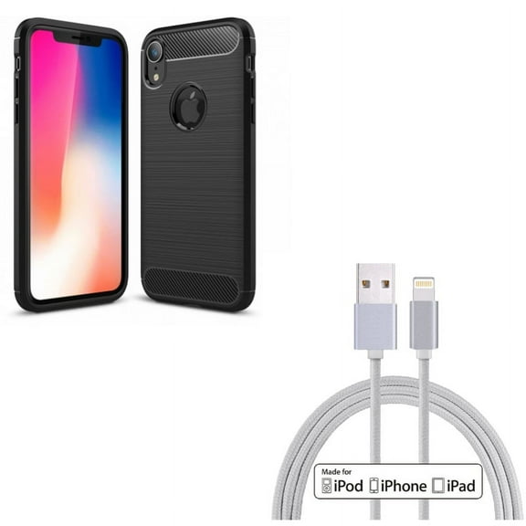 MFi USB Cable w Case for iPhone XR - 6ft Certified Charger Cord Power Wire, Carbon Fiber Slim Fit Cover Reinforced Bumper Shock Absorbent Compatible With iPhone XR