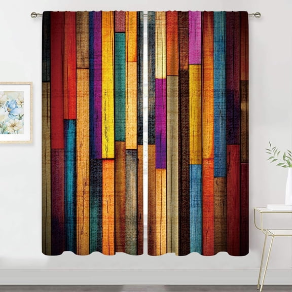 Rustic Colorful Curtains 42W X 63H Inch Rod Pocket Farmhouse Barn Door Wooden Decor Barnwood Western Multicolor Wood Cabin Country Garage Printed Bedroom Living Room Window Drapes 2 Panel