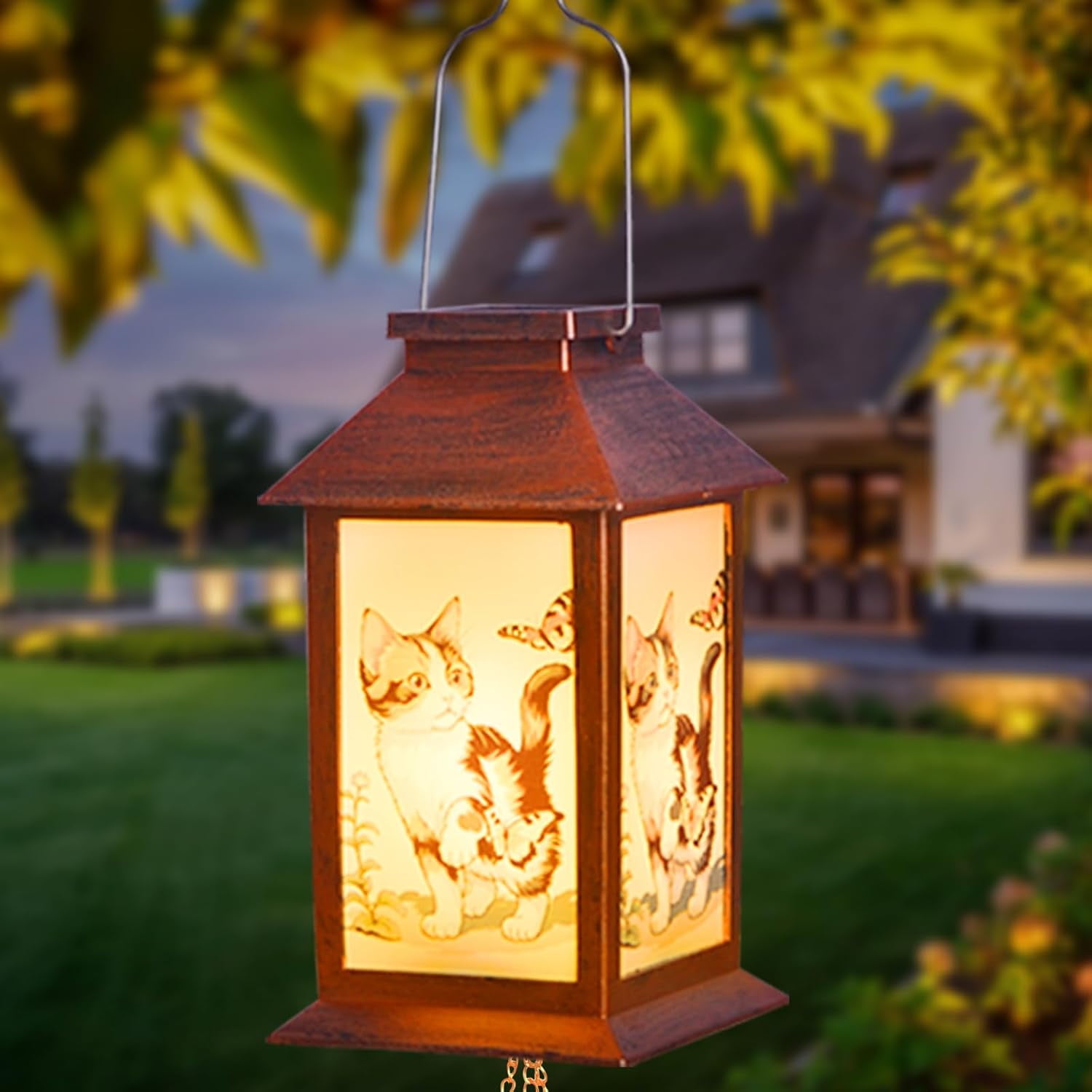 Cat Lantern House Solar Wind Chime-Solar Light Wind Chime for Outdoor Patio, Porch, and Garden Decorfor Nature Lovers,Shaped Wind Chimewith Lantern Design