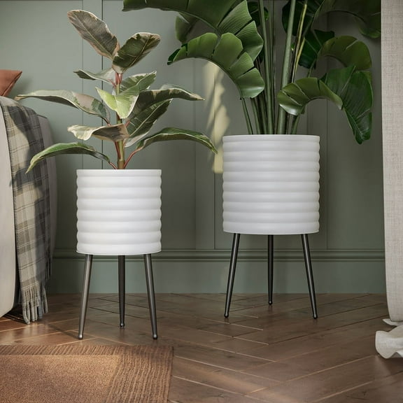2-Piece Ribbed Metal Planter Pot With 3-Leg Black Metal Base - White - 20"H x 10.5"W / 15.75"H x 8.5"W