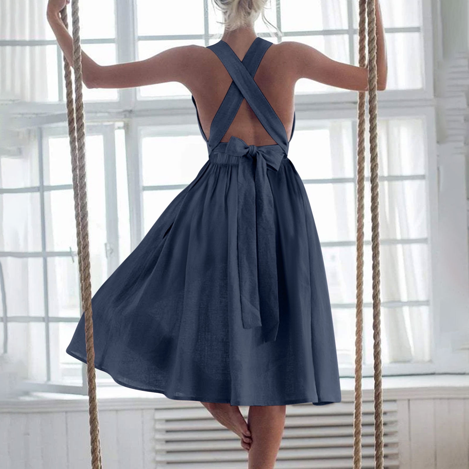 Arnsht Women's Cotton Linen Dresses Tie Back Square Neck Ruffle Strap  Sleeveless A Line Flare Flowy Summer Short Dress Blue S - Walmart.com