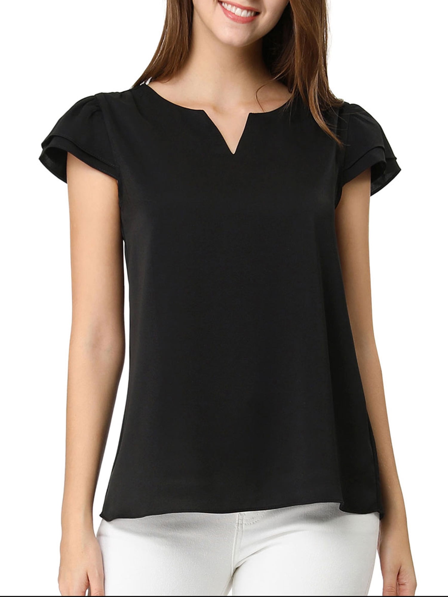 DARING DIVA Women's V Neck Casual Solid Cap Blouse Top XL Black