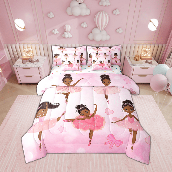 Afro Hair Comforter Set 7 Piece Bed in a Bag Twin,Cute Afro Melanin Ballet Princess Bedding Sets American Black Ballerina Sheet Set with Comforter