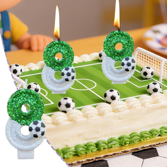Soccer Birthday Number Candles 0-9 Set, Green Glitter Football Cake Candles with Plastic Holders, 10 Digits Wax for Party Dessert Decor