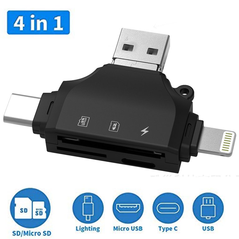 4 in 1 SD Card Reader for iPhone,SD TF Memory Card Reader Adapter,SD Card  Viewer, Quickly Transfer Photos Videos Plug and Play 