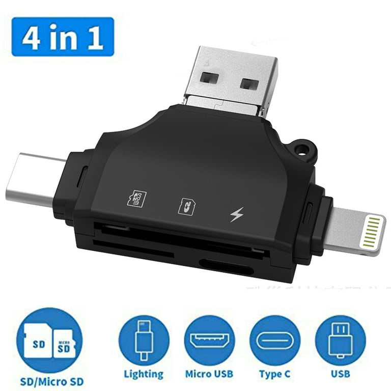 4 in 1 SD Card Reader for iPhone,SD TF Memory Card Reader Adapter,SD Card  Viewer, Quickly Transfer Photos Videos Plug and Play