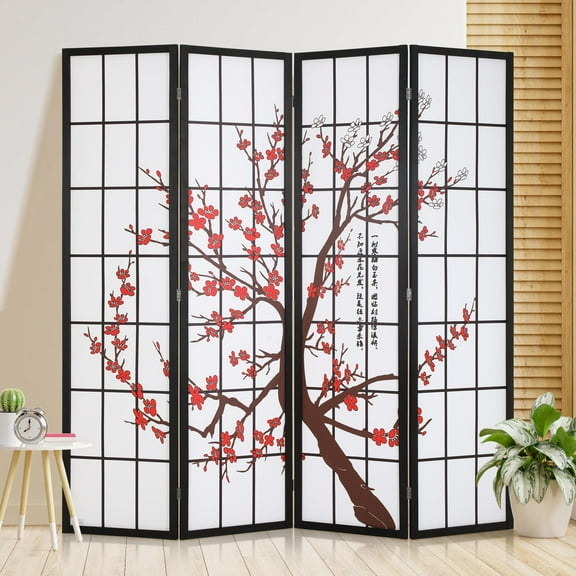 CL.HPAHKL 4 Panel Folding Room Divider, Shoji Style Privacy Screen Wooden Wall Divider