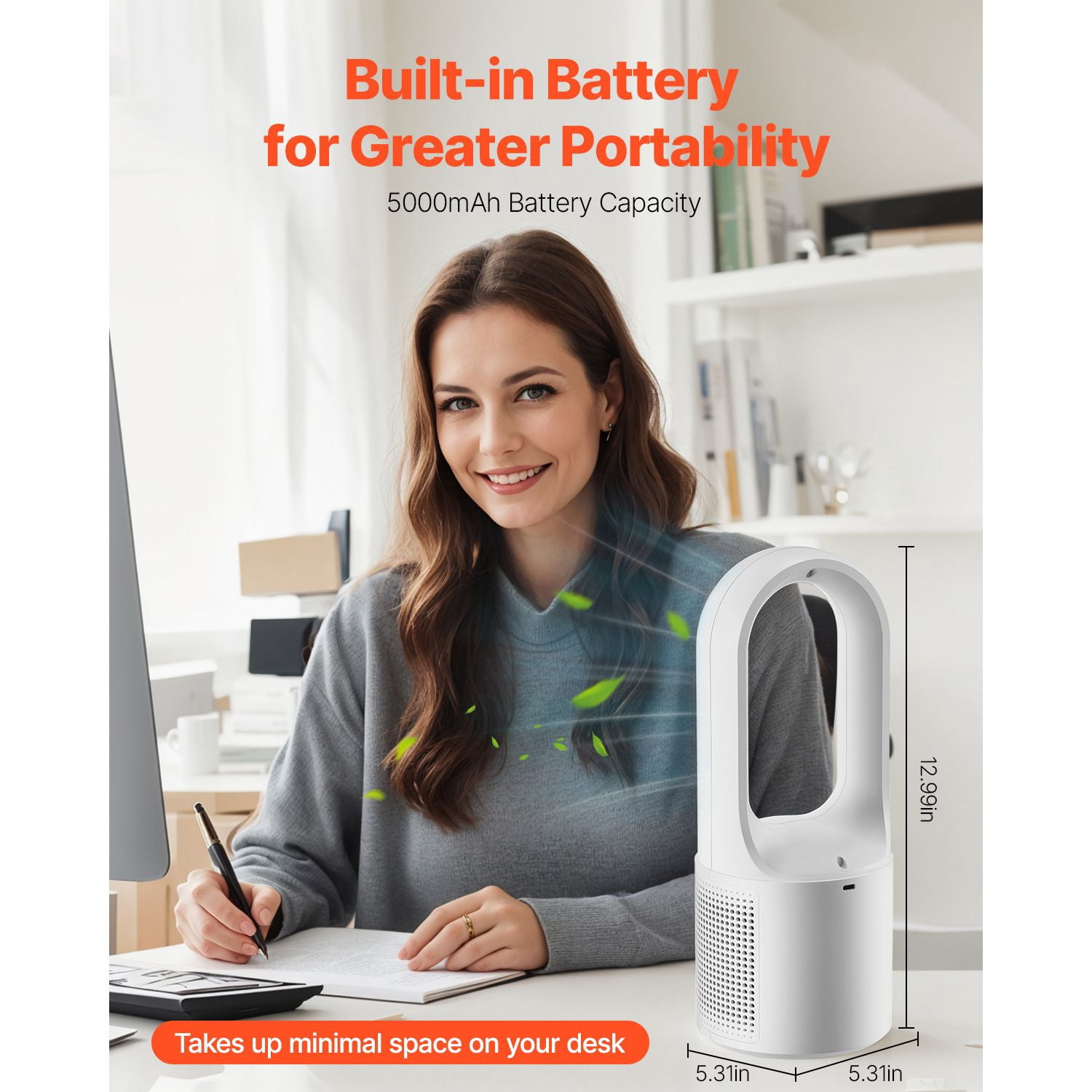 Bladeless Desk Fan, 7W with 6 Speed Levels, 5000mAh Battery, LCD Display, Button Control, Lightweight and Compact, Quiet Operation for Home and Office Use