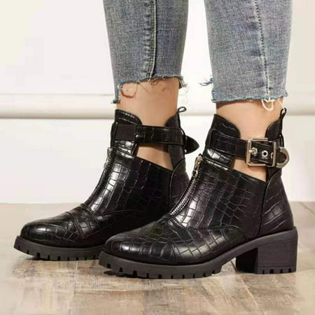 

FITORON Ankle Boots for Women- Fashion Casual Vintage Leather Short Ankle Boots Square Heels Shoes Black 39