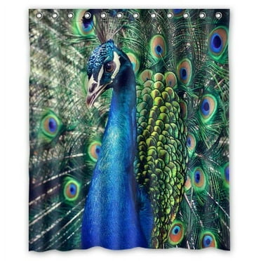 GreenDecor Peacock Feather Waterproof Shower Curtain Set with Hooks Bathroom Accessories Size 60x72 inches