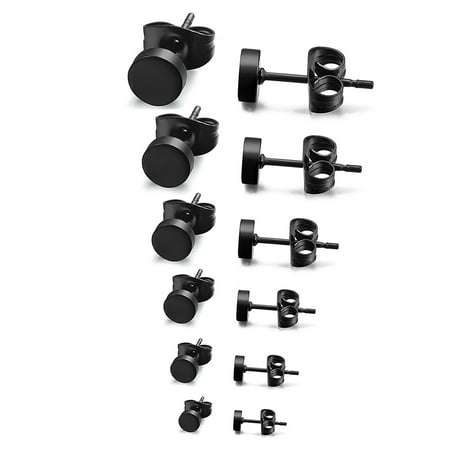HEMOTON 6 Pair Surgical Steel Oblate Ear Piercing Earrings Stud with Size 3mm 4mm 5mm 6mm 7mm 8mm for Men Ear Jewelry Decoration (Black)