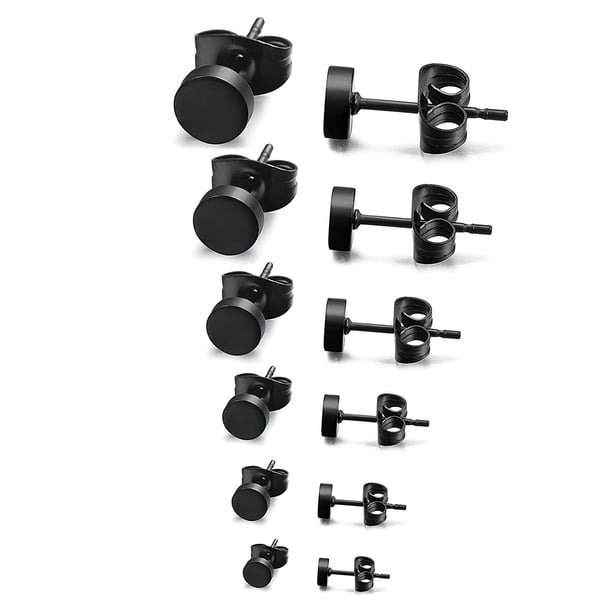 EeaseMX pares de pendientes oblatos de acero quirúrgico para piercing de oreja (3 mm, 4 mm, 5 mm, 6 mm, 7 mm y 8 mm) para hombre (negro)