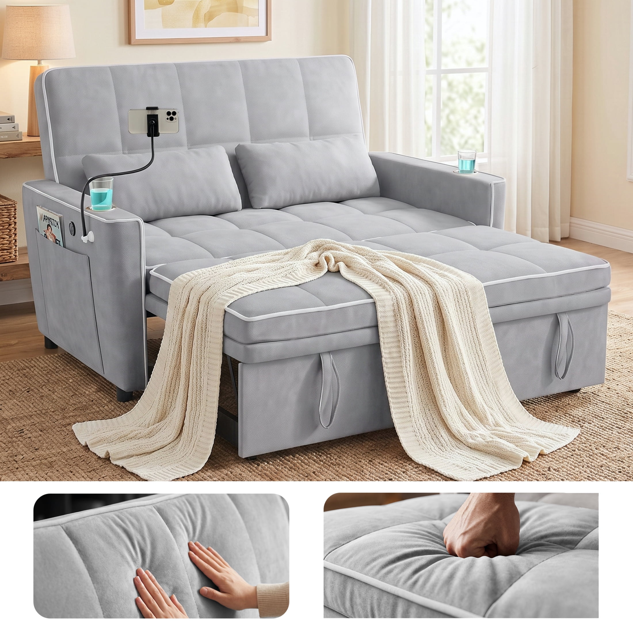 Vinform Sleeper Sofa Bed, 3 in 1 Convertible Loveseat with Phone & Cup Colder for Small Space, Gray