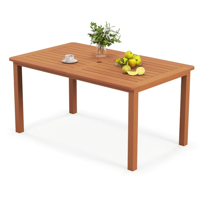Gymax Patio Solid Wood Dining Table w/ Umbrella Hole Teak Oil Finish Rectangular