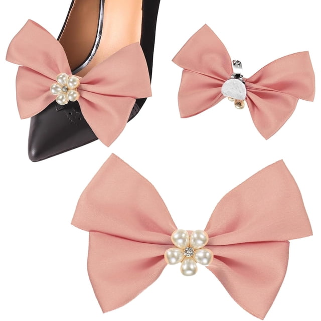 2-Pack Bow Shoe Clips, Satin Elegant Detachable Buckle Bridal Heels Accessories with Pearl Rhinestone for Wedding