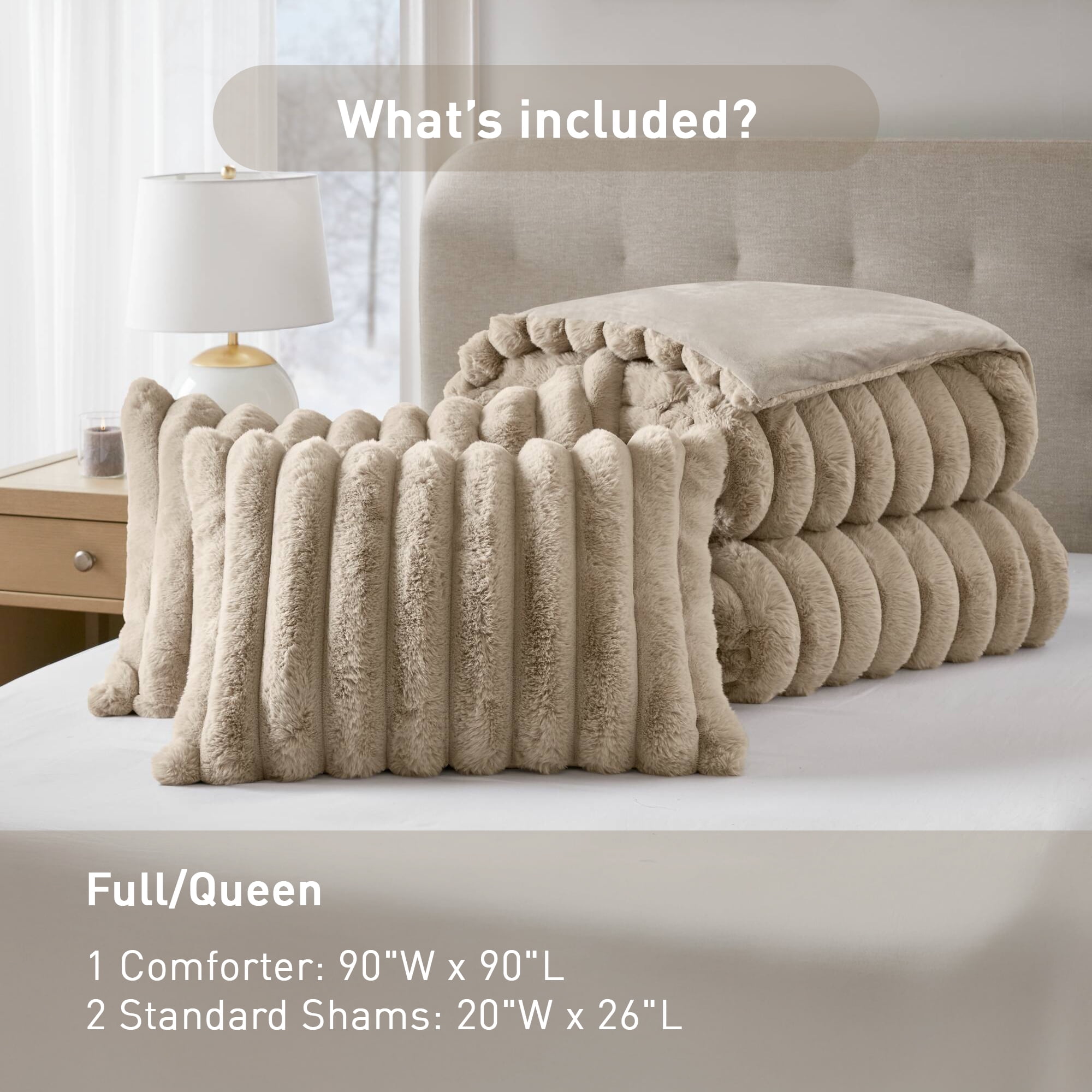 Regency Heights Full/Queen Size Comforter Sets, Taupe Fluffy Ribbed Plush Bedding Set, 3-Piece Faux Fur Ribbed Bedding Comforter Set