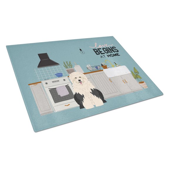 Carolines Treasures CK7800LCB Old English Sheepdog Kitchen Scene Glass Cutting Board Large 12H x 16W multicolor