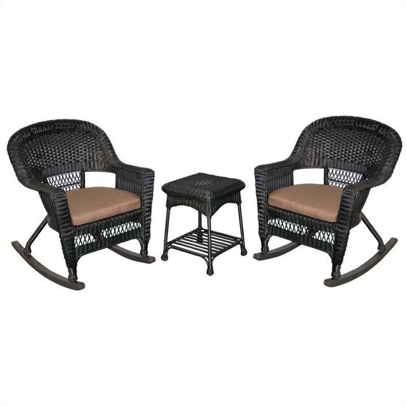 Jeco 3pc Wicker Rocker Chair Set in Black with Brown Cushion