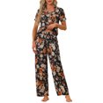 thumbnail image 2 of Conjunto de pijama de satén para mujer INSPIRE CHIC, top de manga corta y pantalones, 2 piezas, pijamas XL negro-naranja, 2 of 5
