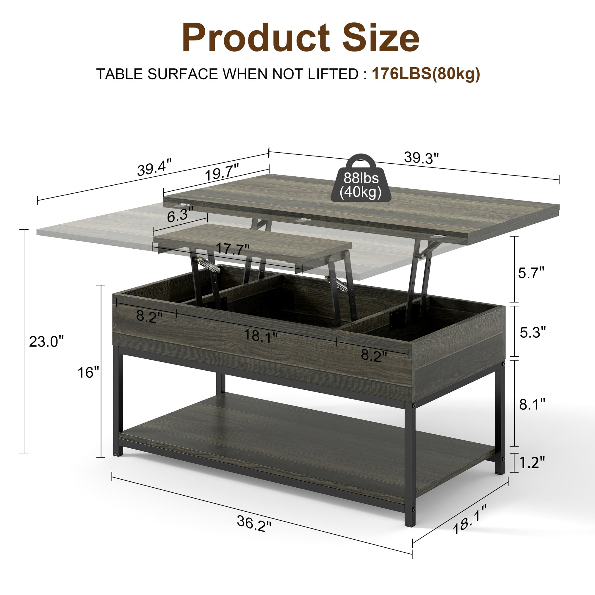 Manxile Lift Top Coffee Table with Storage Shelf, Farmhouse Coffee Table for Living Room, Charcoal Oak Finish