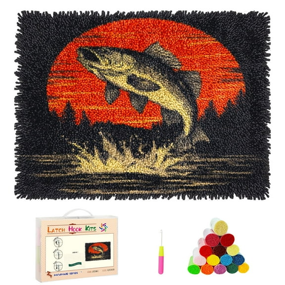 DIY Rug Latch Hook Kits Bass Fish Jumping under Sunset Stamped Non-slip Mat Crochet Yarn Hook and Latch Emboridery Tapestry for Home Floor Decor and Pet Warm Cushion 52x38cm(25)