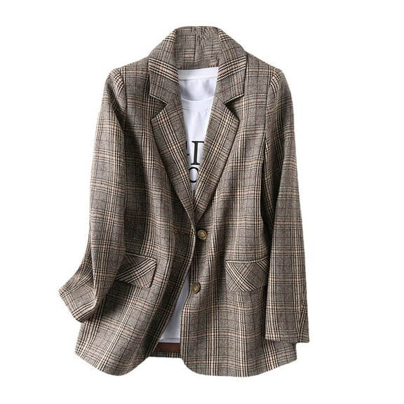 WTOBBY Women's Fashion British Style Loose Casual Plaid Small Suit Jacket, Classic and Relaxed Blazer with Plaid Pattern for Smart Casual Wear,Coffee L