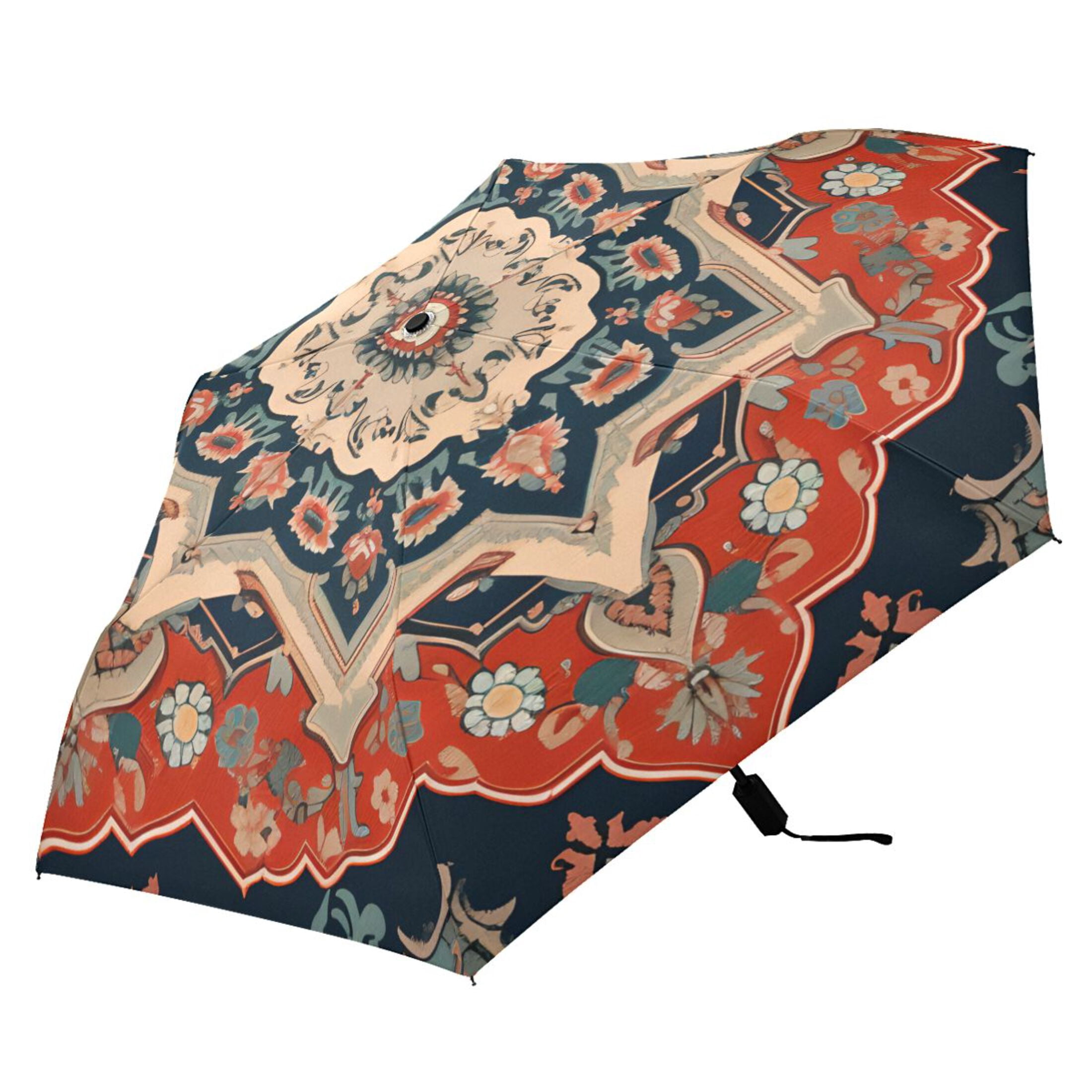 Red Boho Mandala Compact Sun Umbrella Windproof Travel Umbrellas for Rain Strong Portable UV Protection