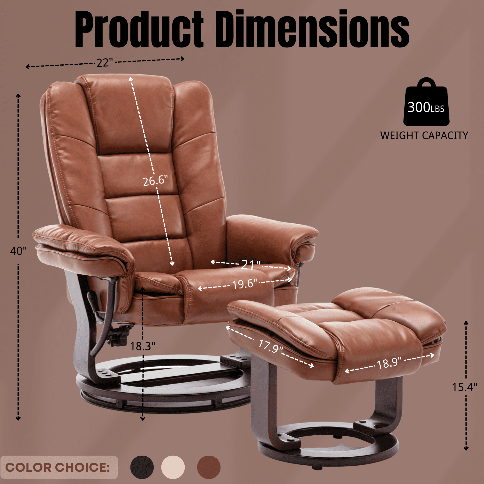 32'' Wide Manual Swivel Standard Recliner with Ottoman,Faux Leather,Brown