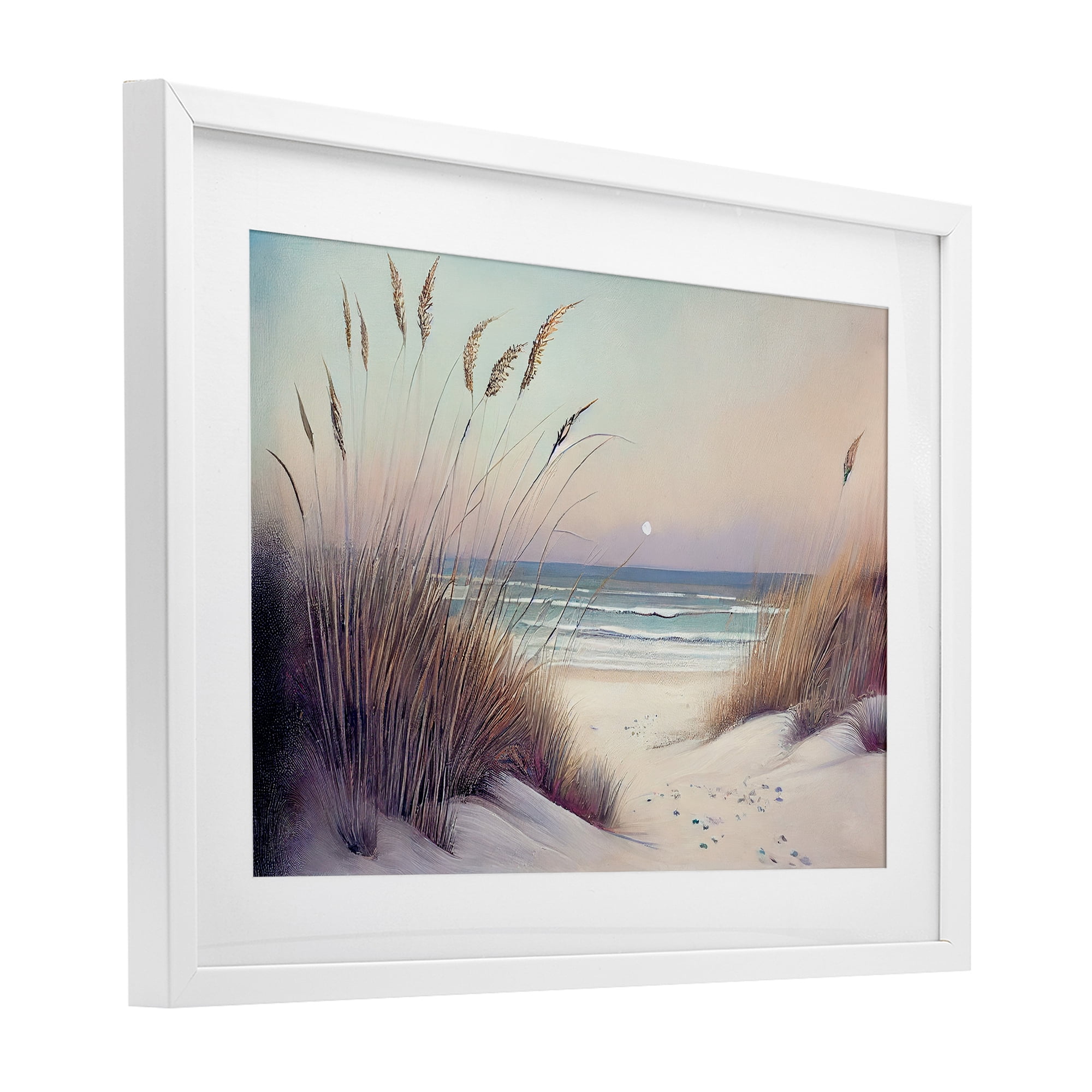 Euphoria Beach Dunes View White Framed Print Under Glass, design by Sasha