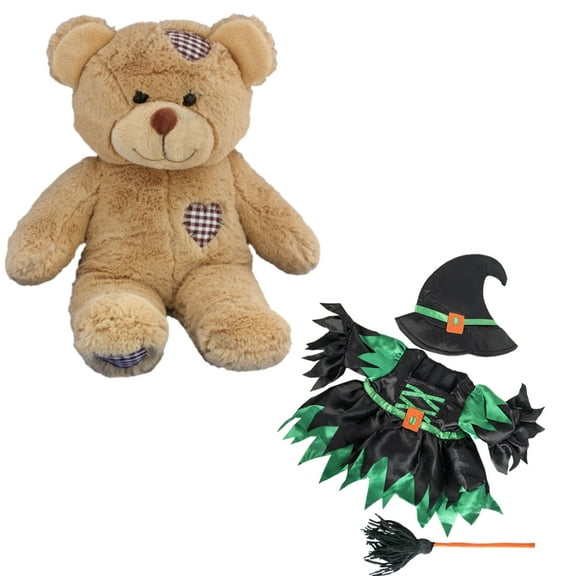 Plush Gear Brown Patches Bear 16" Plush Toy with Wicked Witch Costume – Stuffed Animal Halloween Gift for Kids