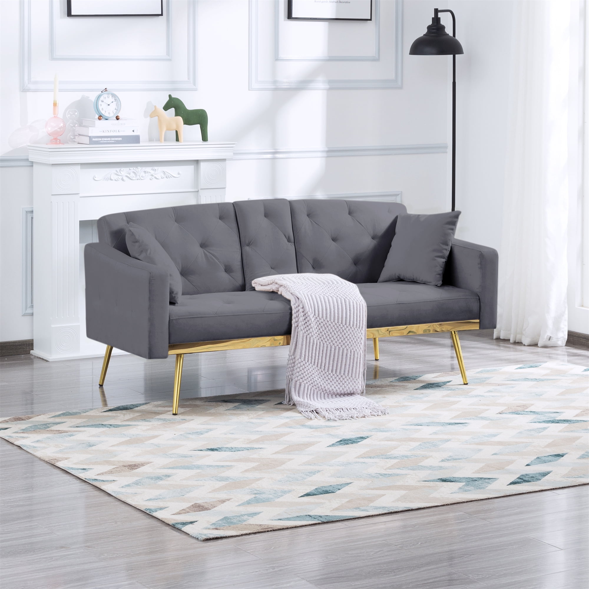 Aukfa Velvet Futon Convertible Sofa Bed for Home Office, 2 Pillows& Cup Holders, Tufted Futon, Gray