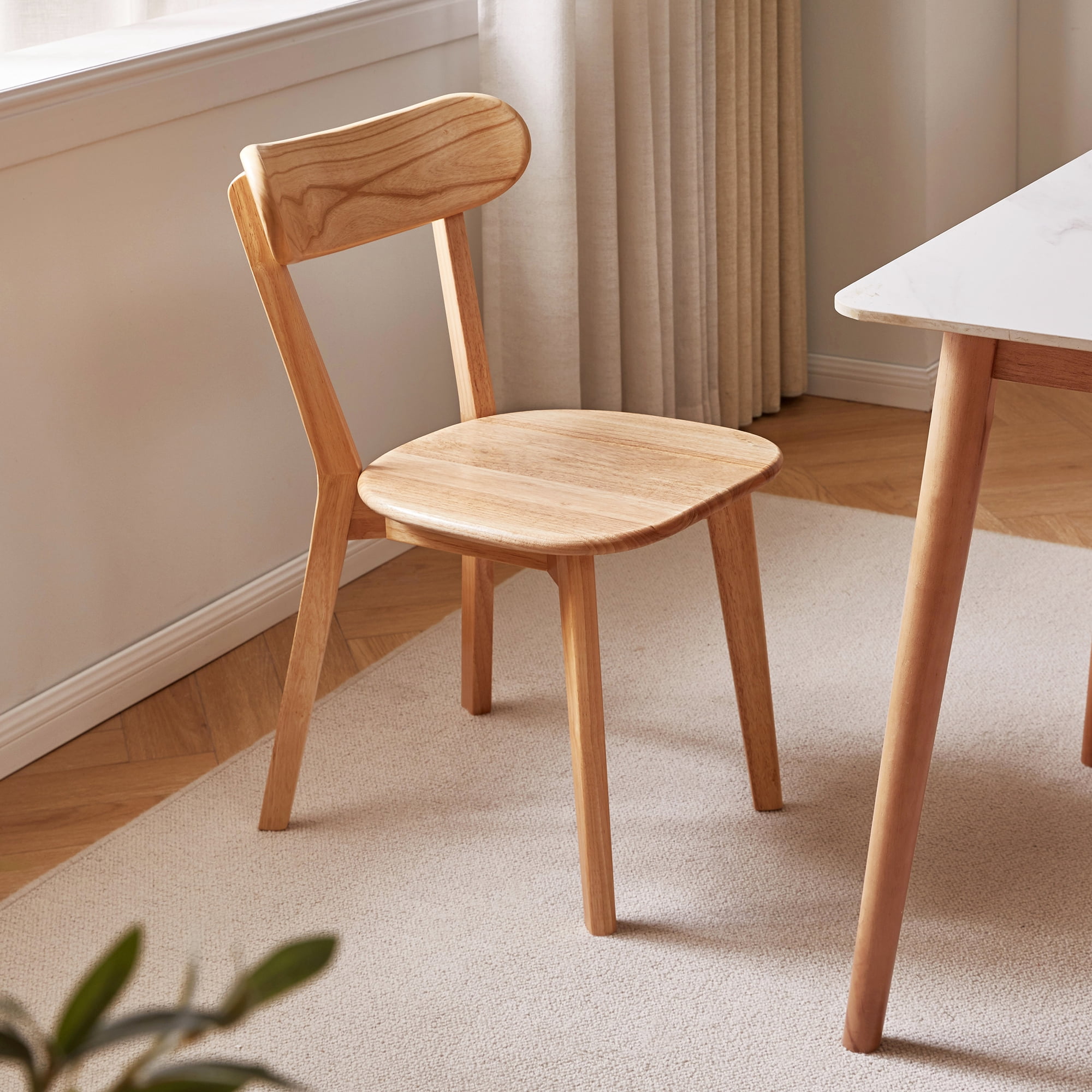 Dining Chairs Set of 2, Solid Rubberwood Kitchen Chairs with Curved Backrest, Wooden Accent Chairs for Vanity and Breakfast Nook, Natural Wood
